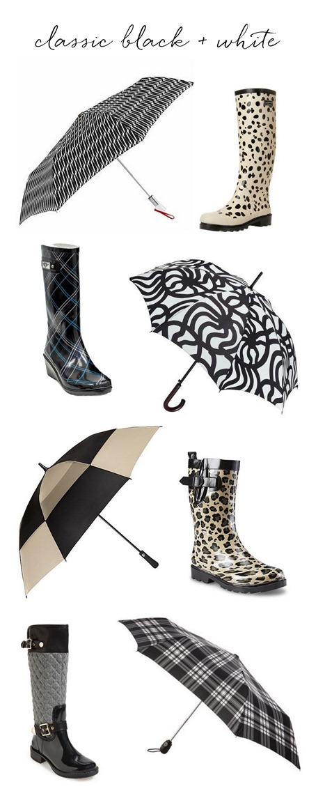classic black and white umbrellas and rain boots