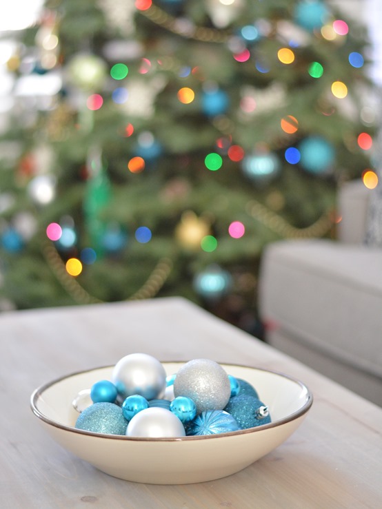 bowl of blue ornaments