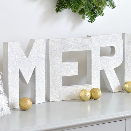 merry glitter letters up close