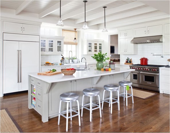 white kitchen wood floors plank ceiling with beams