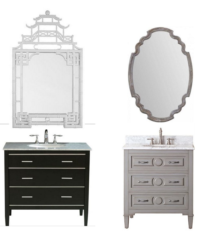  vanity / chippendale mirror / gray blue vanity / scalloped wood mirror