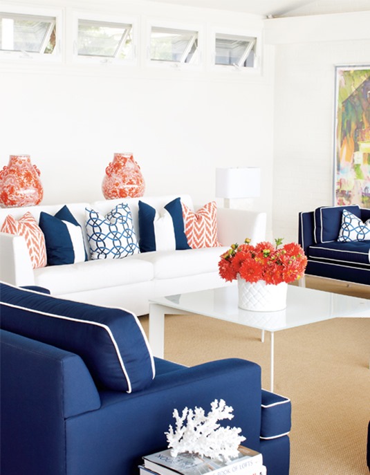 coral navy living room