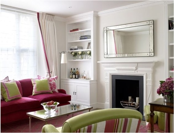 pink sofa green accents