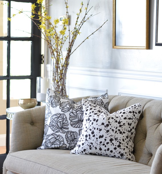 black and white peonies and splatter pillows