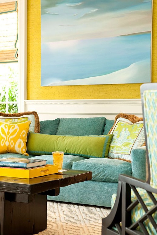 blue green yellow in living room