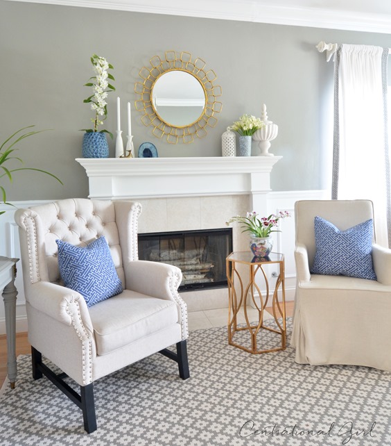 navy and white living room