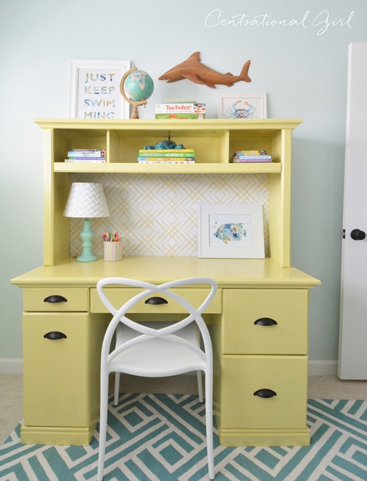 yellow painted desk hutch