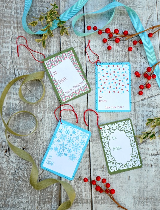 holiday gift tags on white trunk