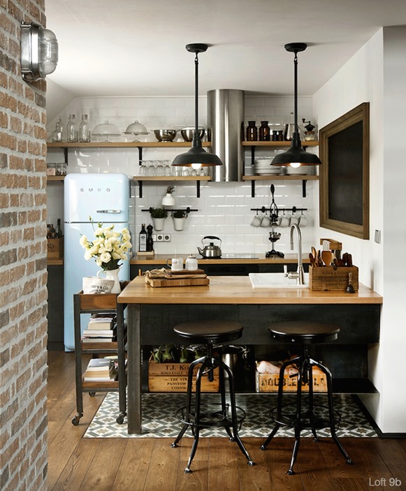 industrial style kitchen black metal stools wood countertops