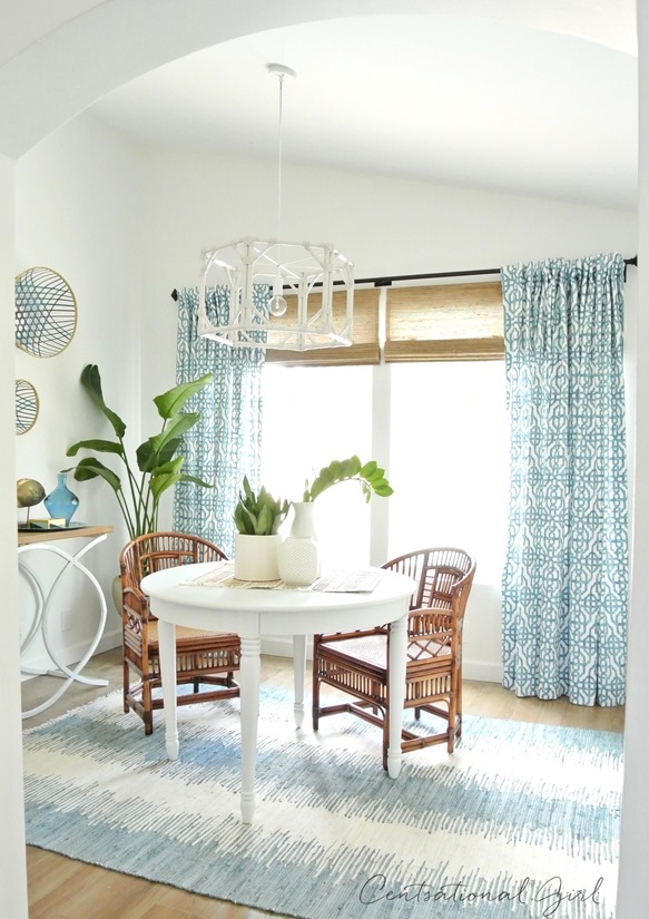 blue and white sunroom and window treatments