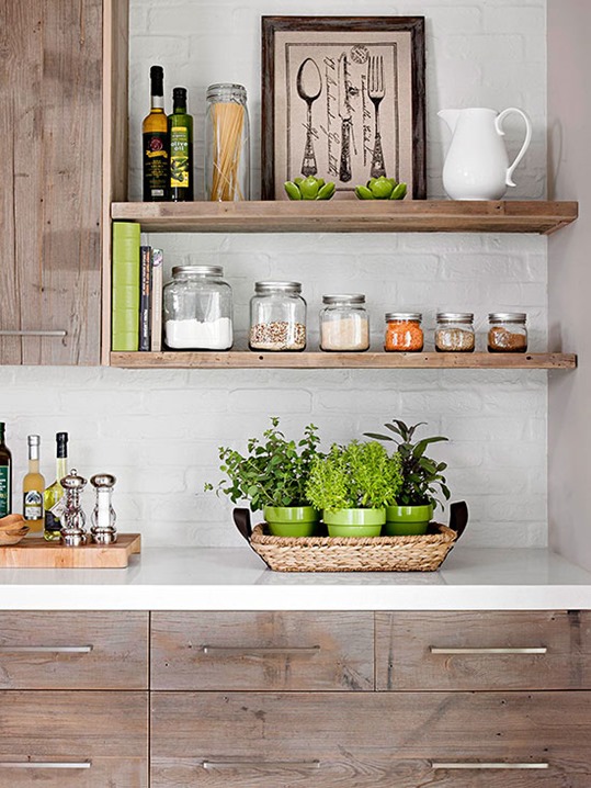 rustic kitchen cabinets and open shelves brick wall