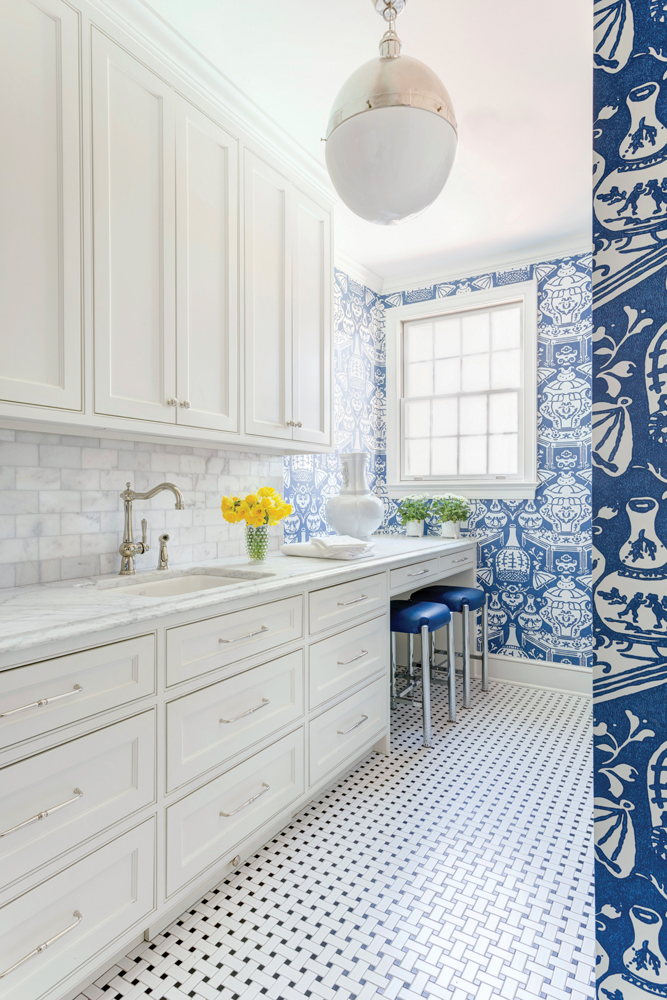 bold blue wallpaper laundry room