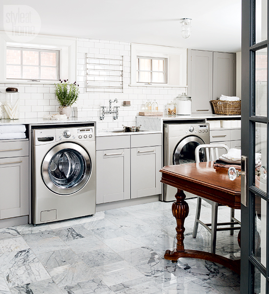 gray and white laundry room