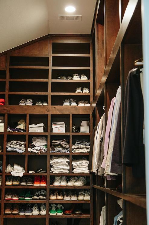 masculine closet wood shelves