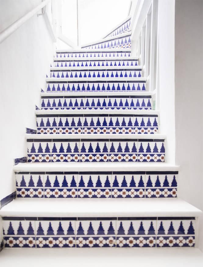 blue tiled staircase