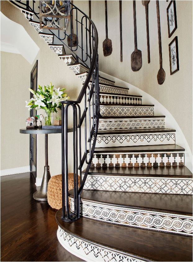 brown and white tiled staircase wood treads