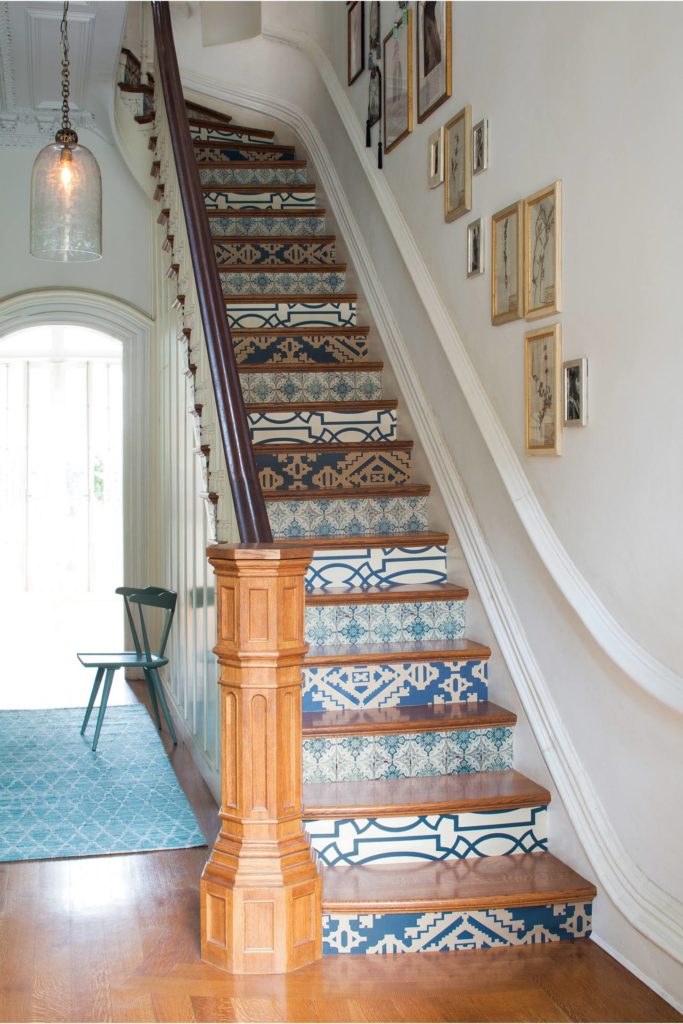 tiled wallpapered staircase