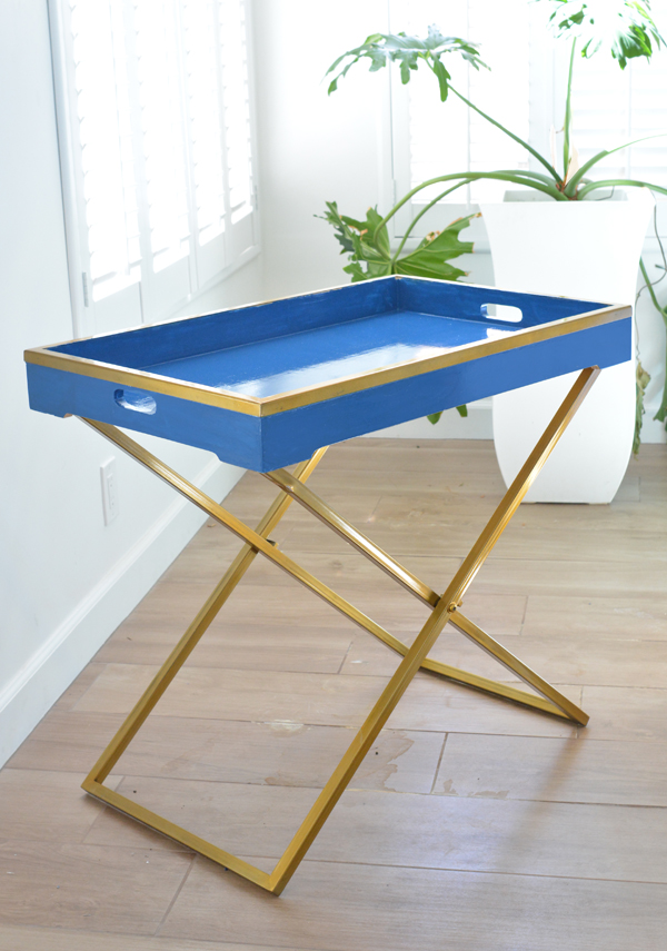 blue and brass tray