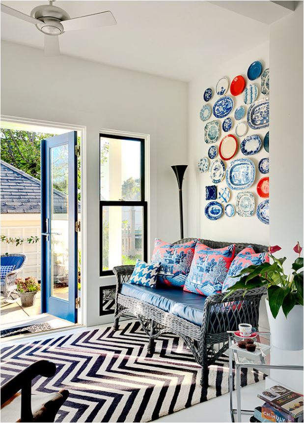 blue white red plate wall