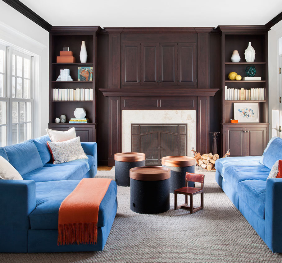dark cabinet blue sofas