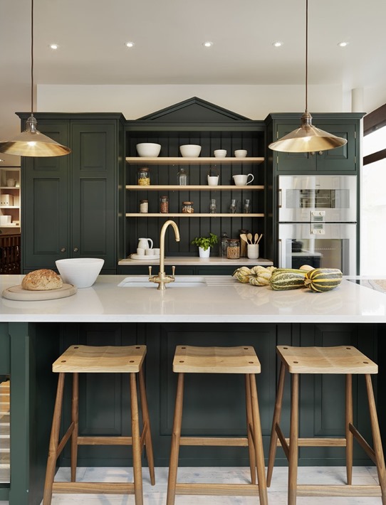 green cabinets in kitchen