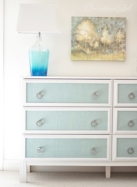 ikea dresser makeover with blue burlap panels
