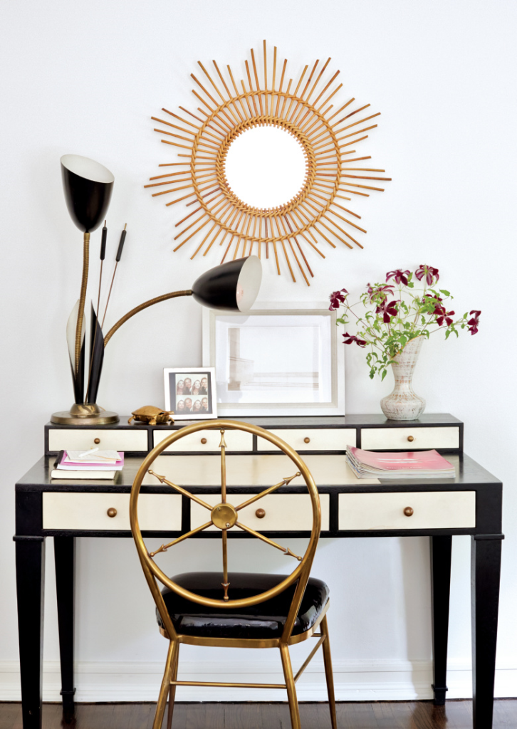 black and white desk gold chair